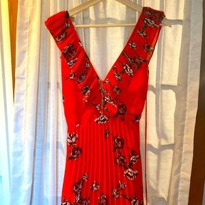 Loved by you red-orange floral print pleated chiffon maxi dress by lulus